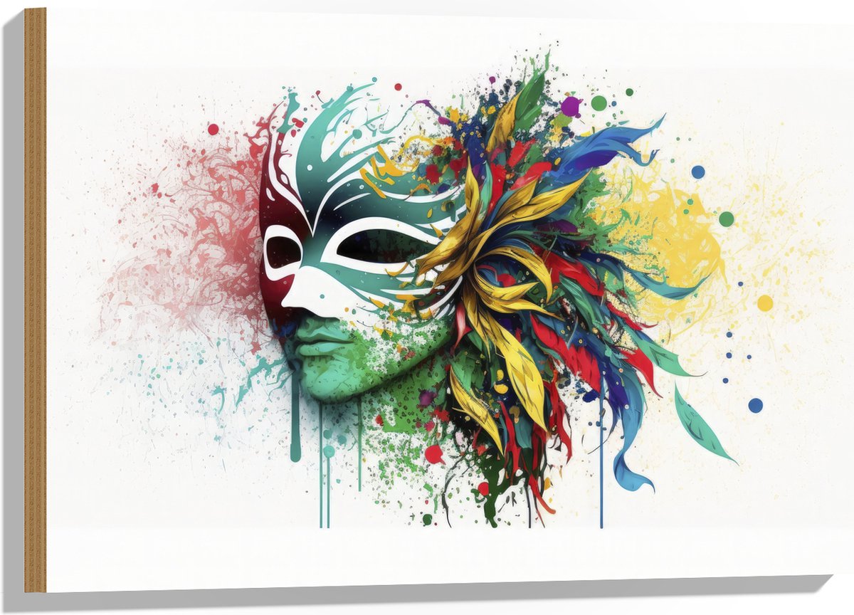 Hout - Waterverf Tekening van Kleurrijke Carnavals Masker tegen Witte Achtergrond - 75x50 cm - 9 mm dik - Foto op Hout (Met Ophangsysteem)