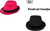 2x Festival hoed combi pink en zwart mt.59 - Stro -Hoofddeksel hoed festival thema feest feest party