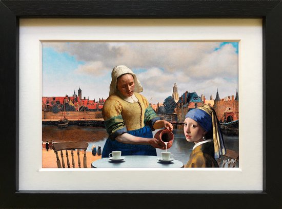 Vermeer kunst in het klein - het Meisje met de Parel en het Melkmeisje bij Gezicht op Delft - ingelijst 20x15cm