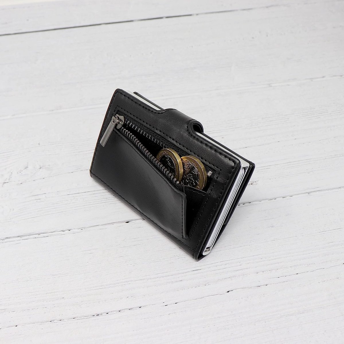 Fa.Volmer ® POP-UP kaarthouder van echt leer met/zonder muntvak voor heren en dames | max. 11 kaarten | RFID-bescherming | portemonnee VO24/31, Zip Hunter Green, 6 x 9,5 x 1,5cm, Hedendaags