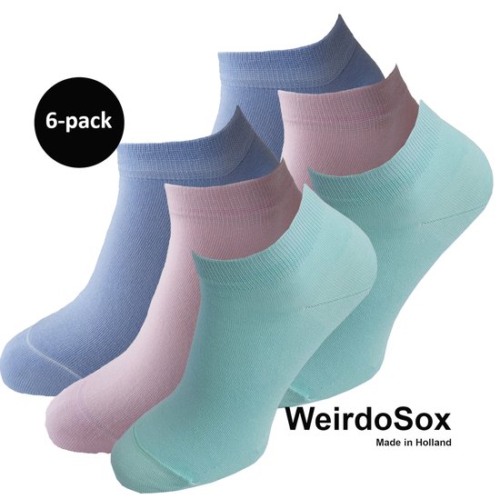 WeirdoSox Bamboe naadloze sneaker sokken Mintgroen / zacht Roze / zacht Paars - Anti zweet - Anti bacterieel - Dames en heren - 6 Paar - Maat 39/42