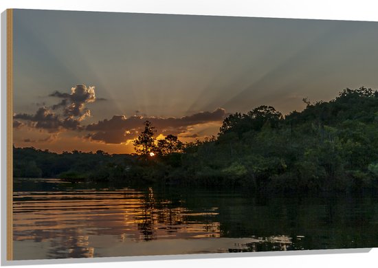 Hout - Zon achter de Bomen langs Meer - 120x80 cm - 9 mm dik - Foto op Hout (Met Ophangsysteem)