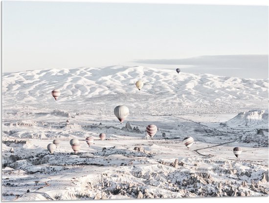 Acrylglas - Landschap - Berg - Heuvels - Sneeuw - Luchtballonnen - 80x60 cm Foto op Acrylglas (Wanddecoratie op Acrylaat)