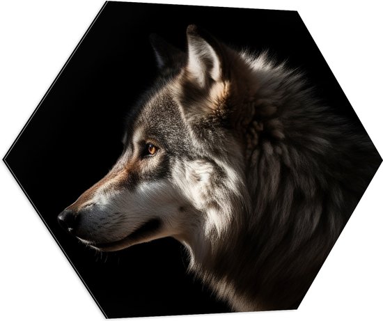 Dibond Hexagon - Zijaanzicht van Kop van Wolf tegen Zwarte Achtergrond - 70x60.9 cm Foto op Hexagon (Met Ophangsysteem)