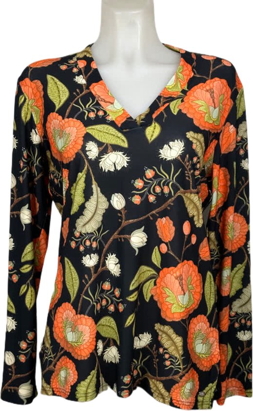 Angelle Milan – Travelkleding voor dames – Zwart Oranje bloemen blouse – Ademend – Kreukvrij – Duurzame Jurk - In 5 maten - Maat XL