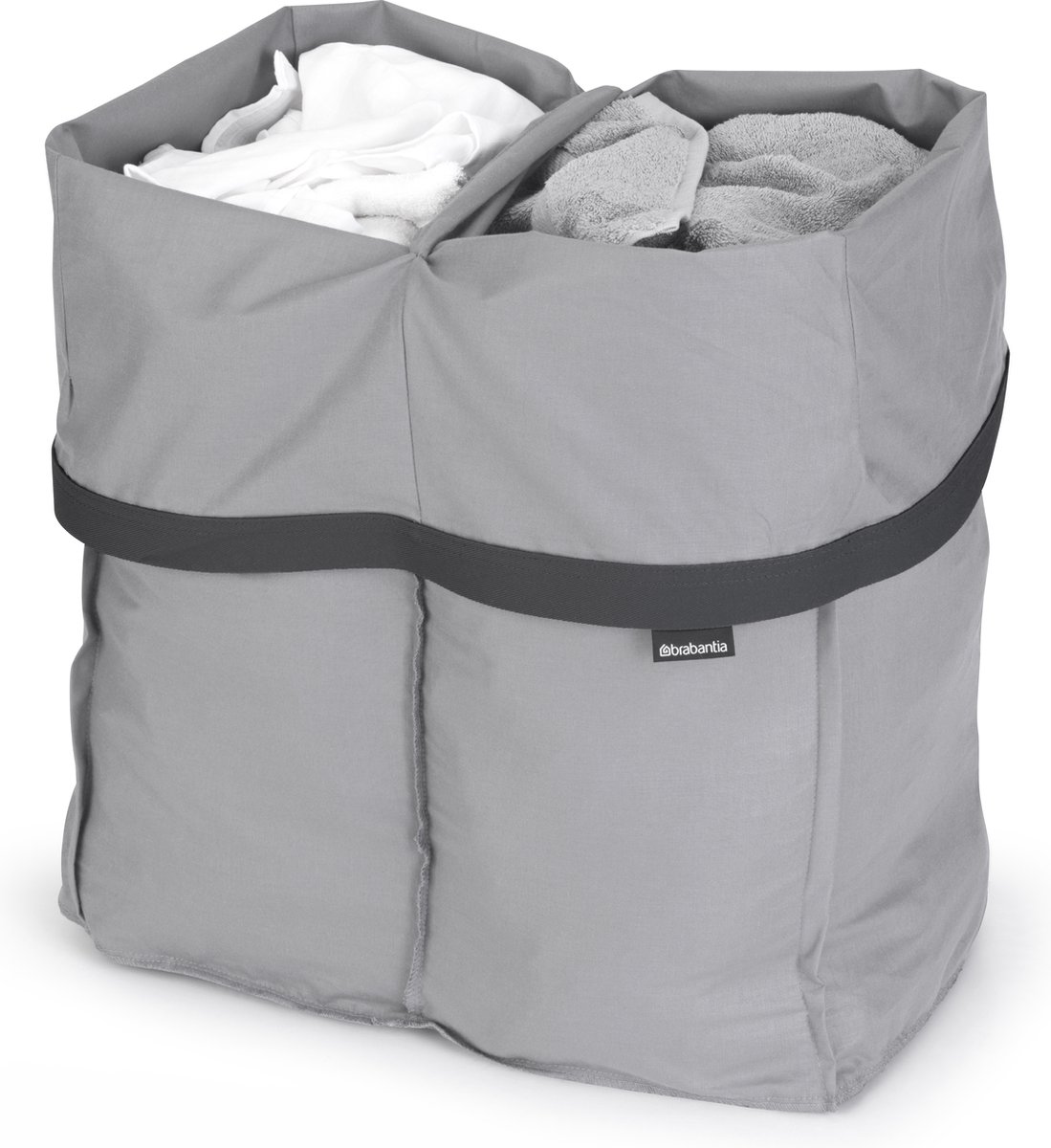 Brabantia - Bo Waszak 2 x 45L - Vervangende tas voor Bo Wasmand - Twee compartimenten voor eenvoudig sorteren - Draagbaar & Hygiënisch - Katoenen tas met klittenbandsluiting - Grijs