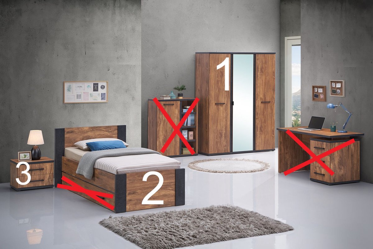 Belfurn - Ellen - jeugdkamer -3 delige set met 2 deurskast 108cm- kleur acacia bruin met zwart