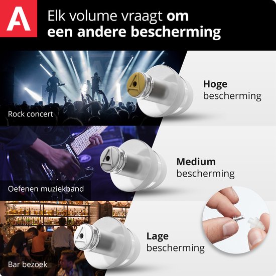 Alpine oordopjes met filters voor hoge, medium en lage demping, getoond met voorbeelden van gebruik.