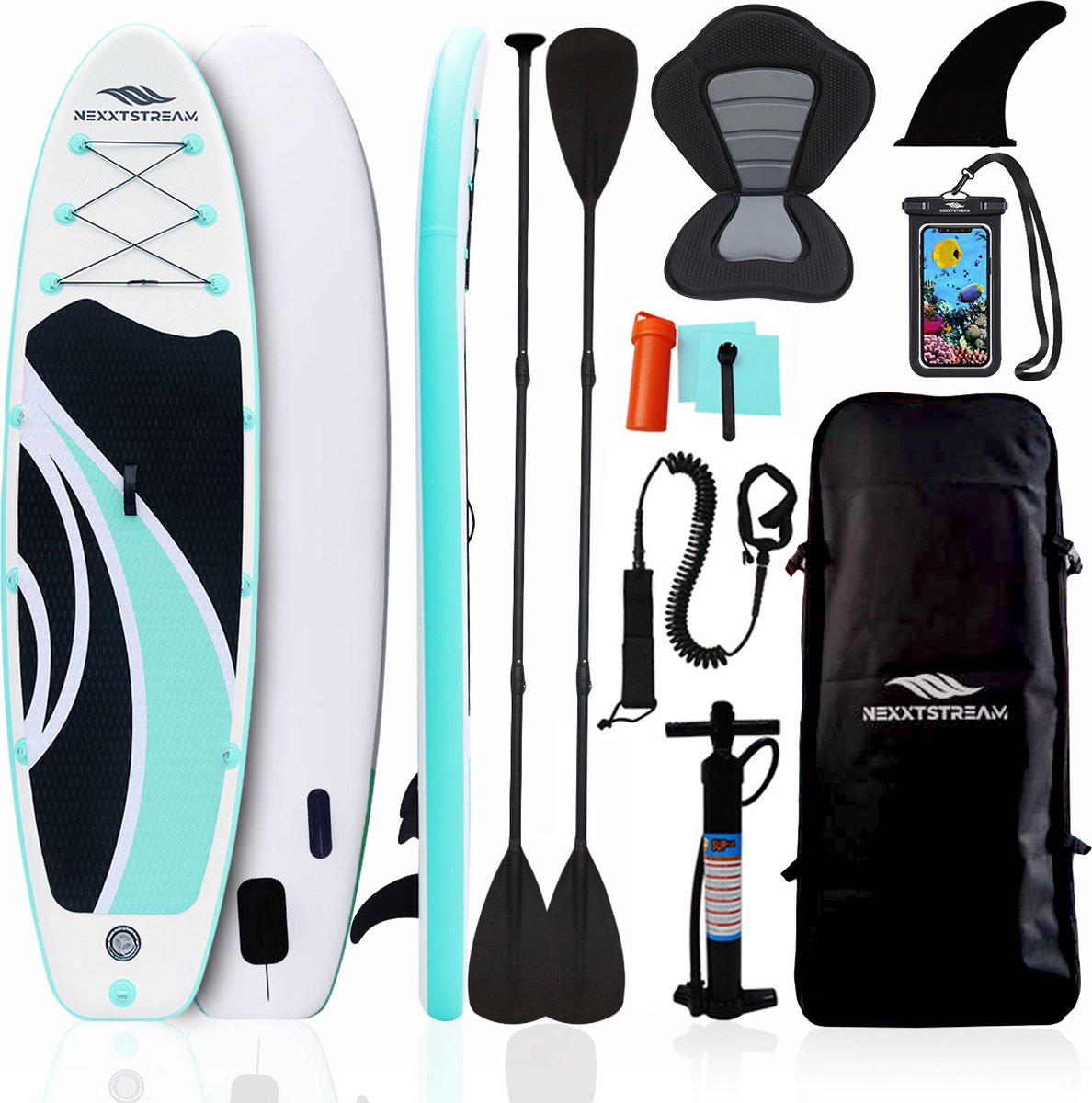 NexxtStream SUP Board - Met Kayak Zitje - Kajak Opblaasbaar - Stand Up Paddle Board - Populairste Formaat - 320x81x15 CM - Groen