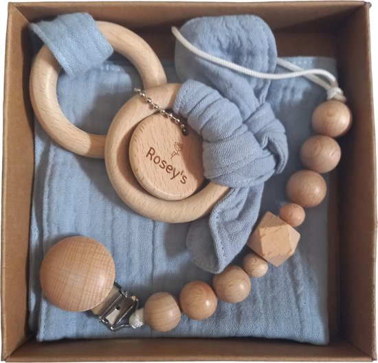 Rosey´s - Giftset Baby blue - bijtring - speenkoord - knuffeldoekje - Giftset jongetje - kraamcadeau - babyshower - baby speelgoed 0 jaar - Geschenkset Baby - Kraamcadeau Meisje - Kraamcadeau Jongen - Geboorte Cadeau - Baby Geschenkset - Kraampakket