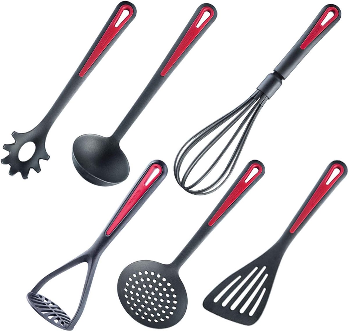Westmark Set van 6 keukenhulpjes, bakspatel, schuimspaan, spaghettilepel, soeplepel, aardappelstamper, garde, kunststof, Gallant, zwart/rood, 290022E6