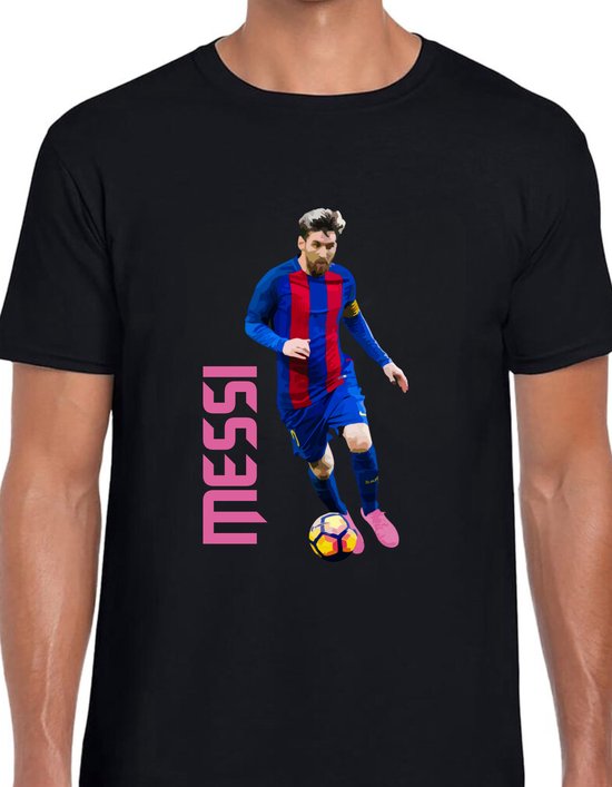 MESSI THE GOAT Uniseks T-Shirt - Zwart text roze - Maat M - Korte mouwen - Ronde hals - Normale pasvorm - Lionel Messi - Voetbal - Voor mannen & vrouwen - Kado