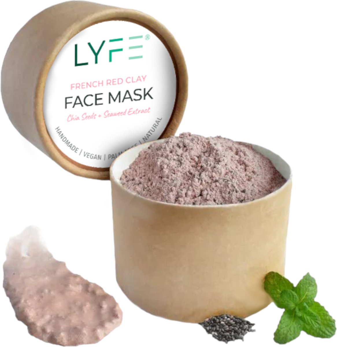 LYFE French Red Clay Face Mask for Sensitive skin Soothing and Detox. Vegan, 45 gr Powder