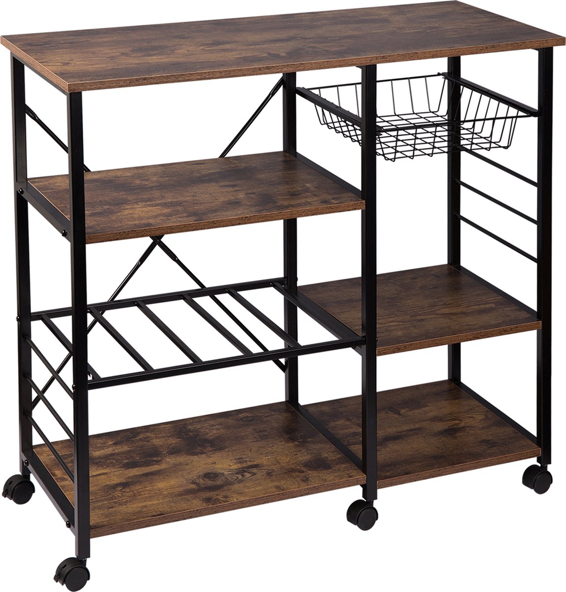 Keukentrolley - Zwart/Bruin - Met wieltjes - Bijzettafel - Serveerwagen - Trolley voor Keuken - Kruidenrek - Opbergrek