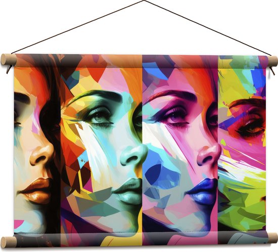 Textielposter - Artistieke Collage van Zijaanzichten van Kleurrijke Vrouwen - 60x40 cm Foto op Textiel
