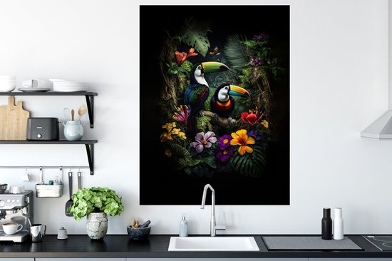 Muurstickers - Sticker Folie - Toekan - Bloemen - Tropisch - Jungle - Vogel - 90x120 cm - Plakfolie - Muurstickers Kinderkamer - Zelfklevend Behang - Zelfklevend behangpapier - Stickerfolie