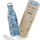 IZY Drinkfles - Marmer - Blauw - Inclusief donatie - Waterfles - Thermosbeker - RVS - 12 uur lang warm - 500 ml