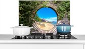 Spatscherm keuken 70x50 cm - Kookplaat achterwand Zomer - Strand - Doorkijk - Tropical - Muurbeschermer - Spatwand fornuis - Hoogwaardig aluminium