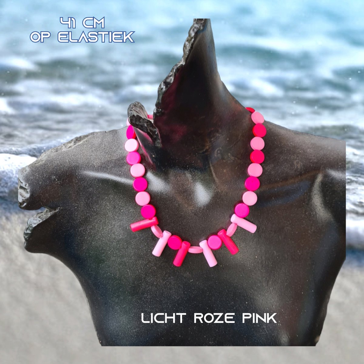 Fashion Jewelry - Going Retro® - Vrolijke ketting met kunststof beads / bead hangers op elastiek - 41 cm rekbaar - 1 stuks - Licht Roze Pink - Casual - Strand - Thema Feest - Festival - Kinderen Tieners Volwassenen - Unisex