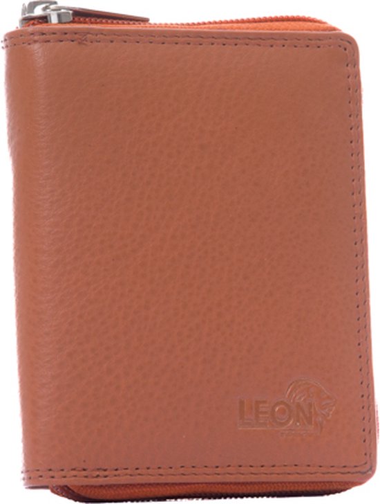 Gesloten bruine leren portemonnee met oranje rits en logo 'LEON'.