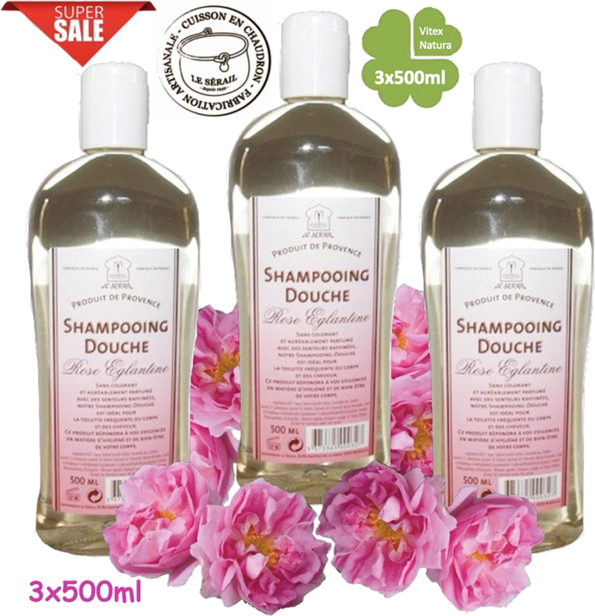 Echte ROZEN shampoo douche 3x500ml VOORDEEL pakket. Biologisch ecologisch. Le Serail. HEERLIJK GEURENDE Originele Marseille zeep.