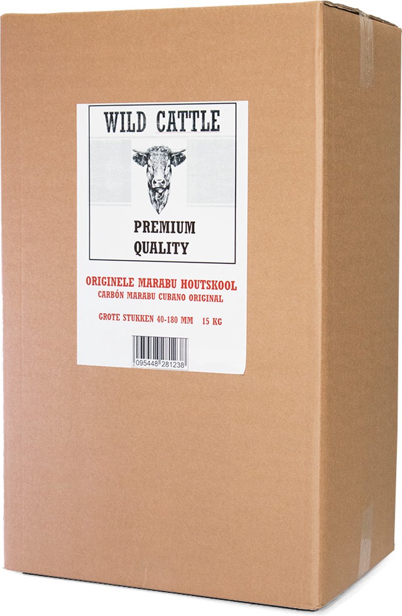 Wild Cattle Marabu houtskool - Doos 15 kg - Grote stukken ca. 40-180 mm