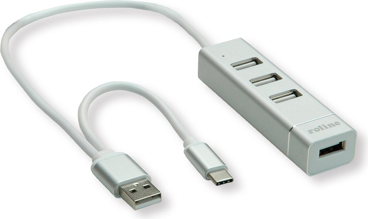 ROLINE USB 2.0 notebook hub, 4 poorten, type A+C aansluitkabel