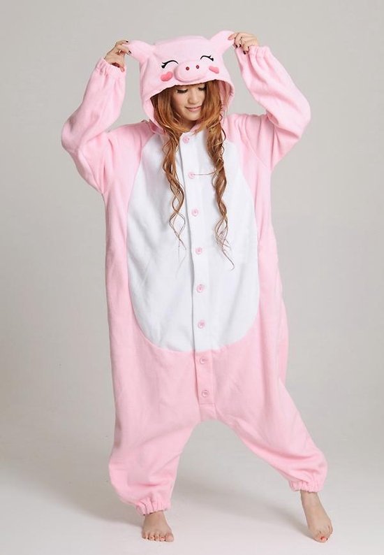 KIMU Onesie Varken Pak - Maat 146-152 - Varkenspak Kostuum Roze Big Zwijn - Zwijn Kinderen Jumpsuit Pyjama Huispak Jongen Meisje Fleece Festival