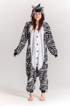 KIMU Onesie zebra pak kostuum zwart wit gestreept - maat M-L - zebrapak jumpsuit huispak