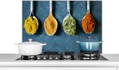Spatscherm keuken 90x60 cm - Kookplaat achterwand Kruiden - Lepel - Eten - Muurbeschermer - Spatwand fornuis - Hoogwaardig aluminium