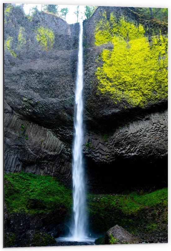 Dibond - Berg - Water - Waterval - Kleuren - Bomen - 60x90 cm Foto op Aluminium (Met Ophangsysteem)