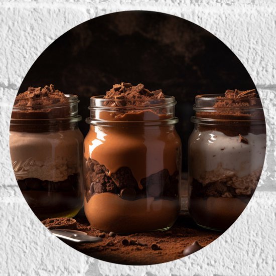 Muursticker Cirkel - Chocolademouse Toetjes in Glazen Potjes - 20x20 cm Foto op Muursticker