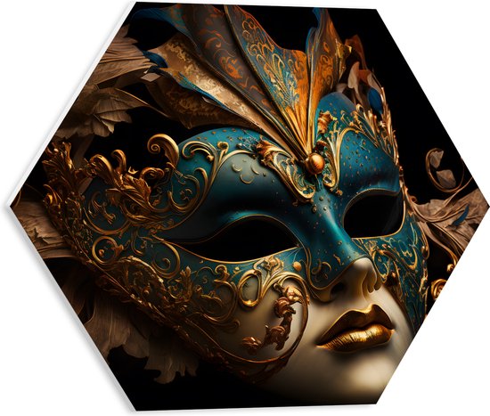 PVC Schuimplaat Hexagon - Venetiaanse carnavals Masker met Blauwe en Gouden Details tegen Zwarte Achtergrond - 40x34.8 cm Foto op Hexagon (Met Ophangsysteem)
