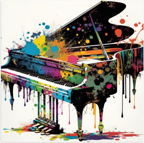 Poster Glanzend – Tekening van Piano met Gekleurde Verfspetters - 50x50 cm Foto op Posterpapier met Glanzende Afwerking