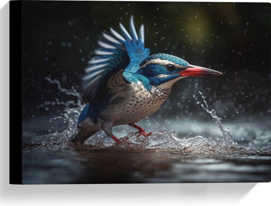 Canvas - Blauw - Witte Vogel in Waterplas - 40x30 cm Foto op Canvas Schilderij (Wanddecoratie op Canvas)