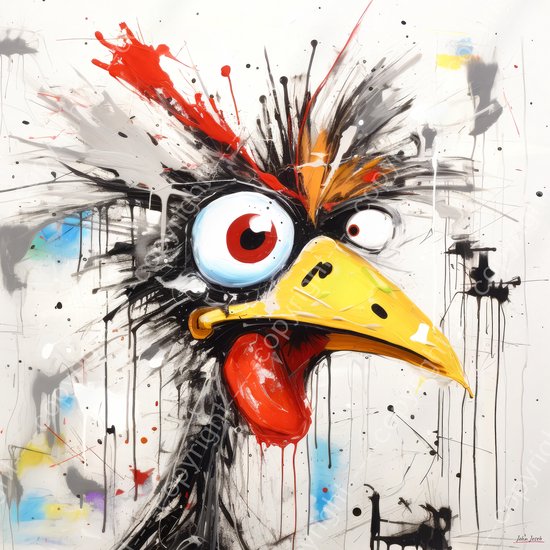 JJ-Art (Canvas) 100x100 | Gekke kip, abstract modern surrealisme in Joan Miro stijl, kleurrijk, felle kleuren, kunst | vierkant, dier, rood, geel, zwart, blauw, modern | Foto-Schilderij print (wanddecoratie) | KIES JE MAAT