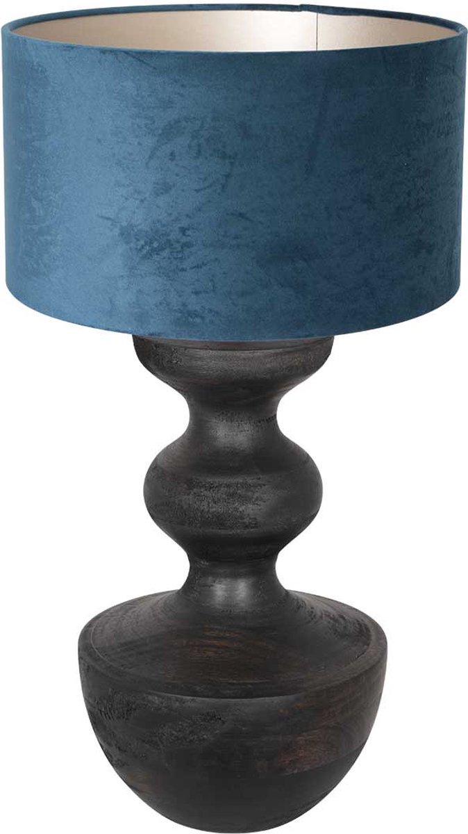 Landelijke tafellamp Lyons met kap | 1 lichts | blauw / bruin / zwart | hout / stof | Ø 40 cm | 67 cm hoog | dimbaar | modern / sfeervol design