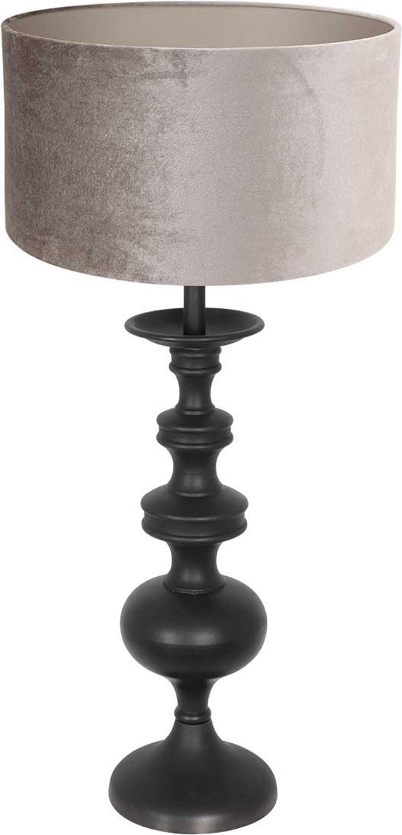 Houten tafellamp Lyons met kap | 1 lichts | grijs / zilver / zwart | hout / stof | Ø 40 cm | 68 cm hoog | dimbaar | modern / sfeervol design