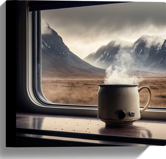 Canvas - Stomende Kop Koffie in Camper met Uitzicht op Bergen - 30x30 cm Foto op Canvas Schilderij (Wanddecoratie op Canvas)