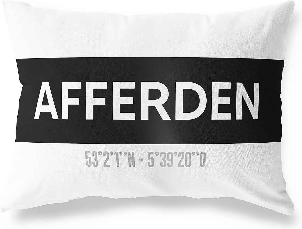 Tuinkussen AFFERDEN - LIMBURG met coördinaten - Buitenkussen - Bootkussen - Weerbestendig - Jouw Plaats - Studio216 - Modern - Zwart-Wit - 50x30cm