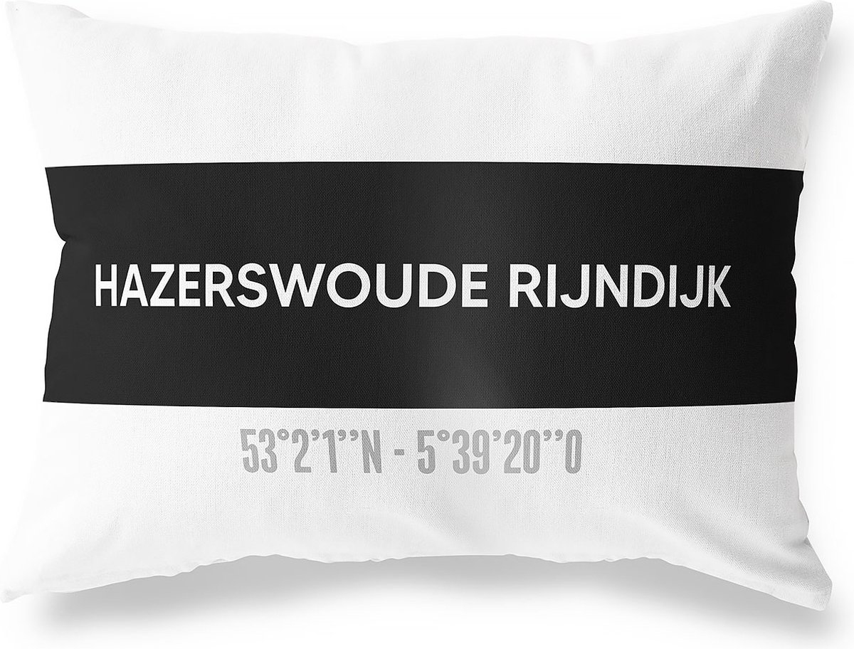 Tuinkussen HAZERSWOUDE RIJNDIJK - ZUID-HOLLAND met coördinaten - Buitenkussen - Bootkussen - Weerbestendig - Jouw Plaats - Studio216 - Modern - Zwart-Wit - 50x30cm
