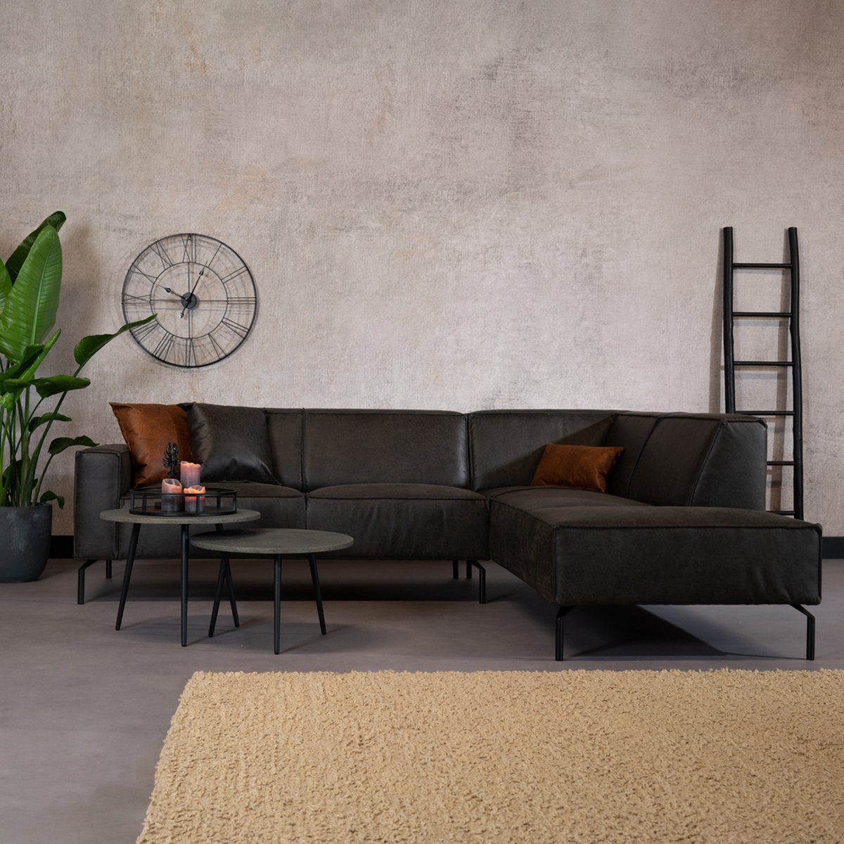 Bronx71® Industriële hoekbank Kansas eco-leer antraciet rechts