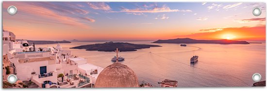 Tuinposter – Uitzicht op Griekse Kustplaats Santorini - 60x20 cm Foto op Tuinposter (wanddecoratie voor buiten en binnen)