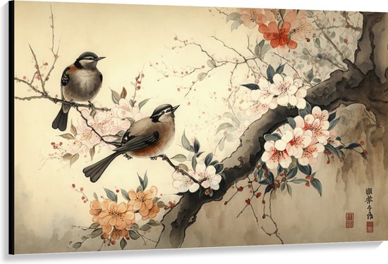 Canvas - Tekening van Tak met Vogels en Bloemen - 150x100 cm Foto op Canvas Schilderij (Wanddecoratie op Canvas)