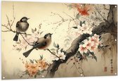 Tuinposter – Tekening van Tak met Vogels en Bloemen - 150x100 cm Foto op Tuinposter (wanddecoratie voor buiten en binnen)