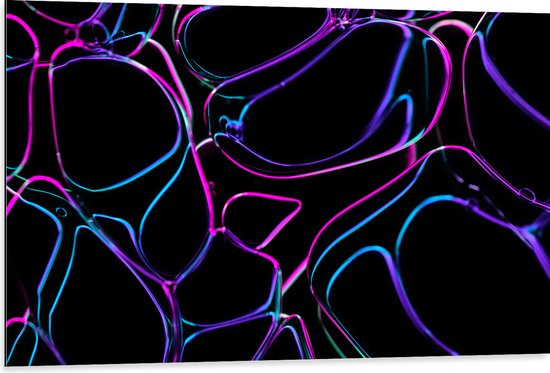 Dibond - Blauw, Roze en Paarse Cirkels op Zwarte Achtergrond - 105x70 cm Foto op Aluminium (Met Ophangsysteem)
