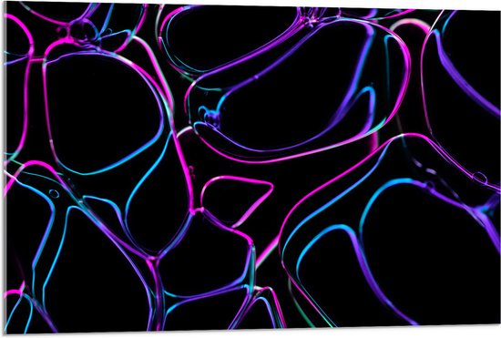 Acrylglas - Blauw, Roze en Paarse Cirkels op Zwarte Achtergrond - 90x60 cm Foto op Acrylglas (Met Ophangsysteem)