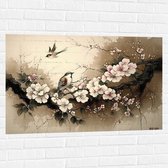 Muursticker - Tekening van Vogels Vliegend bij Tak met Bloemen - 105x70 cm Foto op Muursticker