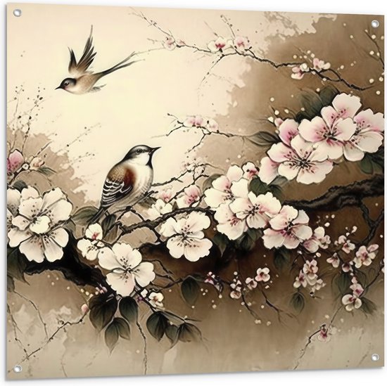 Tuinposter – Tekening van Vogels Vliegend bij Tak met Bloemen - 100x100 cm Foto op Tuinposter (wanddecoratie voor buiten en binnen)
