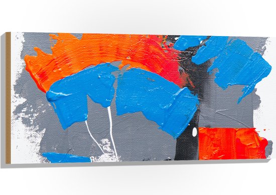 Hout - Oranje, Rode Blauwe en Grijze Verfvlekken op Witte Achtergrond - 100x50 cm - 9 mm dik - Foto op Hout (Met Ophangsysteem)